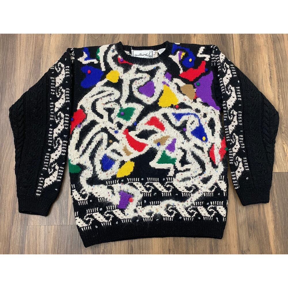 VTG Women Needleworks Hand Knit wool mohair Mardi Gras Carinval graphic sweater
